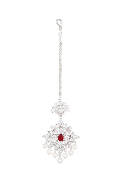 White Finish Red Stone Maang Tikka