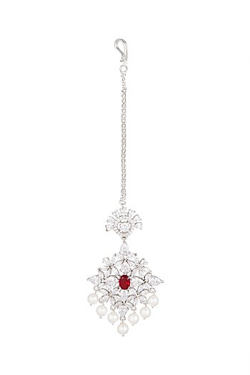 White Finish Red Stone Maang Tikka