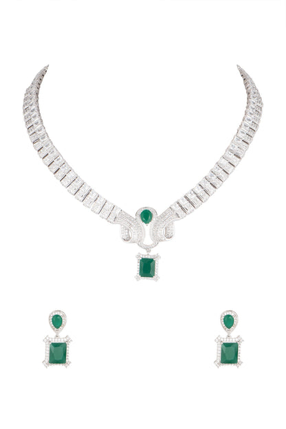 White Finish Green Stone & Diamond Necklace Set