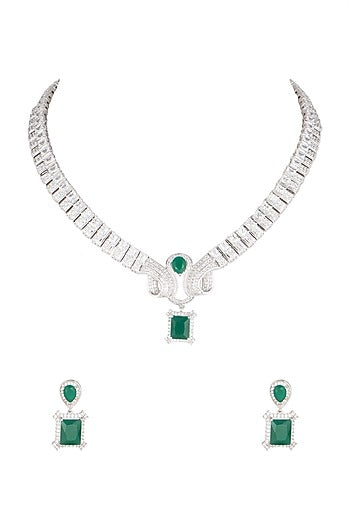 White Finish Green Stone & Diamond Necklace Set