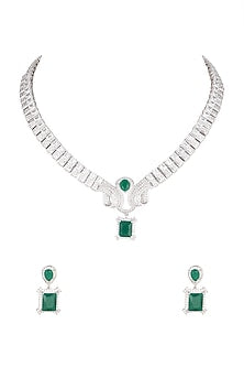 White Finish Green Stone & Diamond Necklace Set
