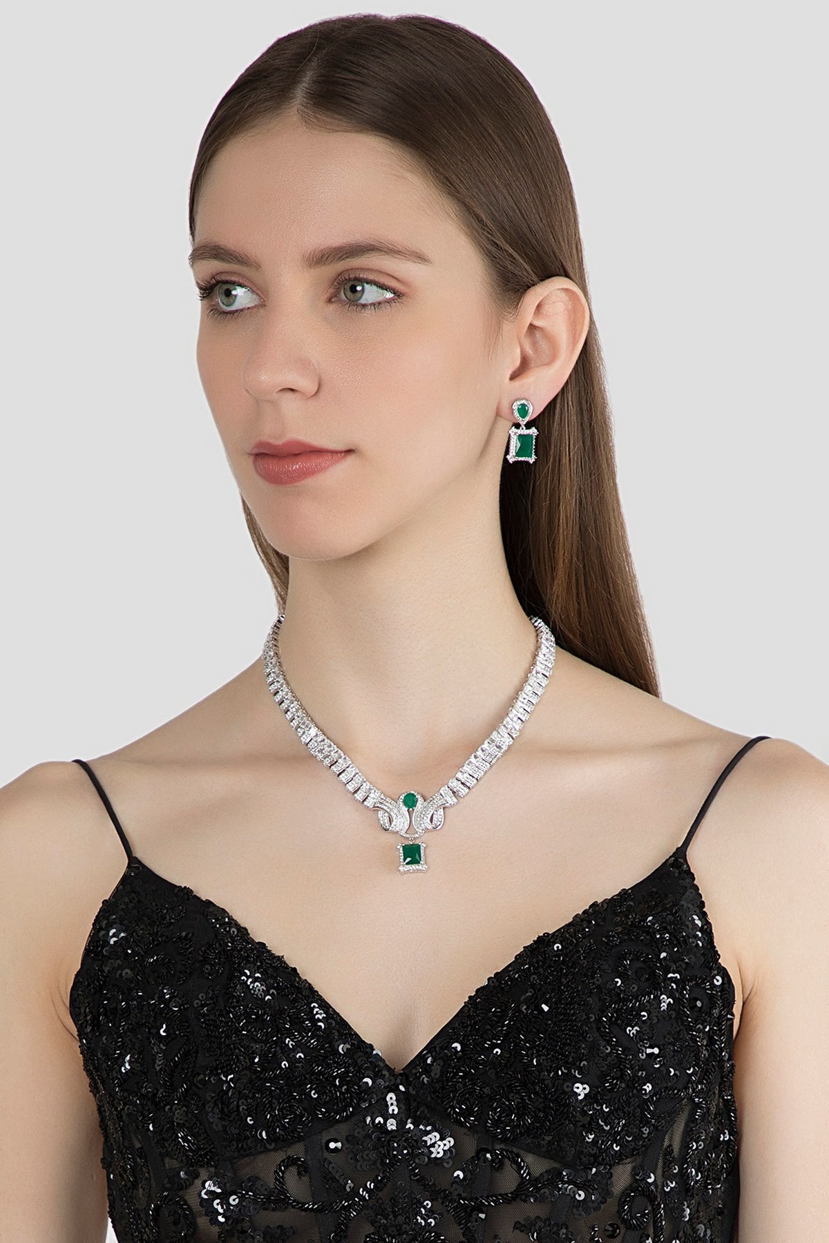 White Finish Green Stone & Diamond Necklace Set