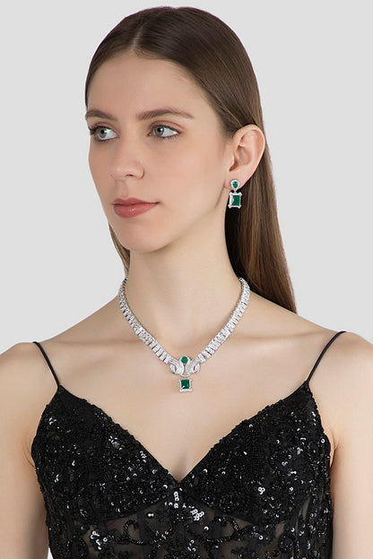 White Finish Green Stone & Diamond Necklace Set