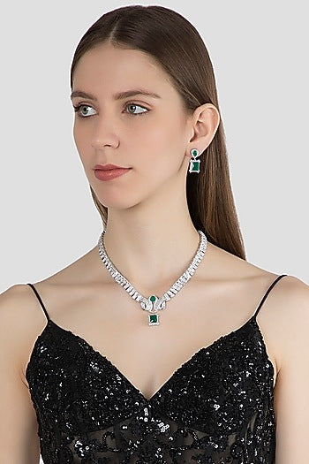 White Finish Green Stone & Diamond Necklace Set