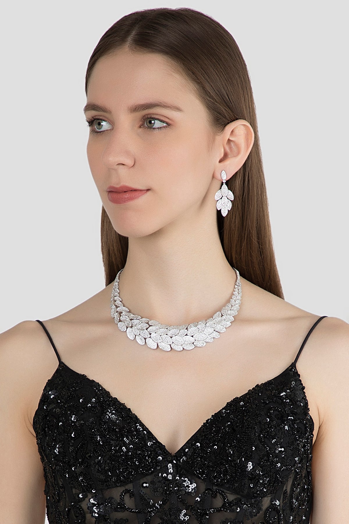 White Finish Diamond Layered Necklace Set