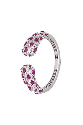White Finish Dark Pink Stone Openable Bracelet