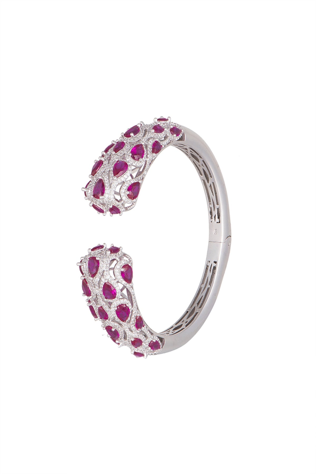 White Finish Dark Pink Stone Openable Bracelet