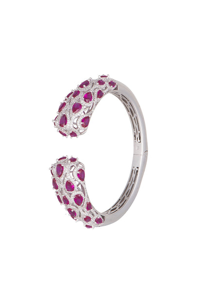 White Finish Dark Pink Stone Openable Bracelet