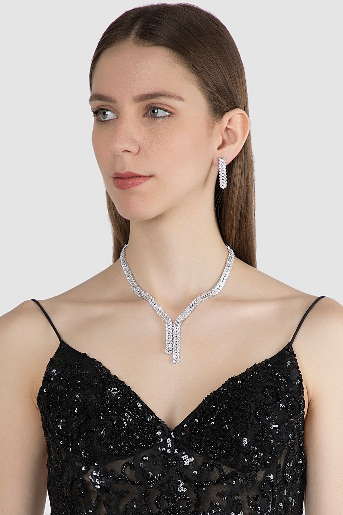 White Finish Faux Diamond Necklace Set