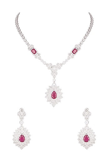 White Finish Stone & Diamond Necklace Set