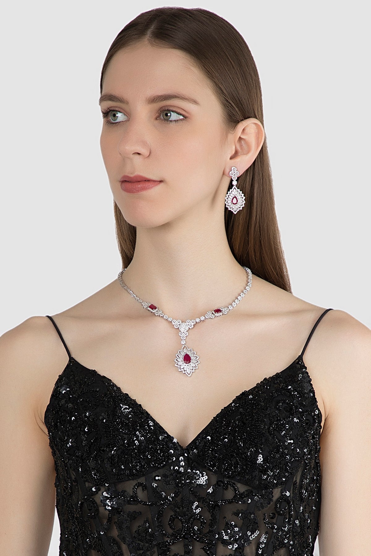 White Finish Stone & Diamond Necklace Set