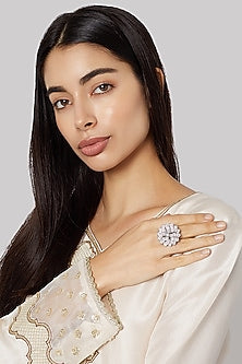 White Finish Diamonds Layered Floral Ring
