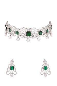 White Finish Zircon & Green Stone Choker Necklace Set
