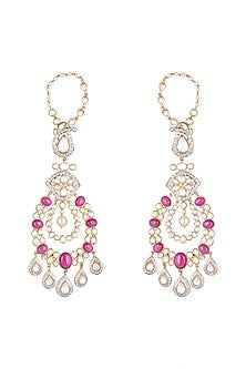 Gold Finish Kundan Earrings With Kaan Chain