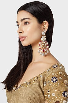 Gold Finish Kundan Earrings With Kaan Chain