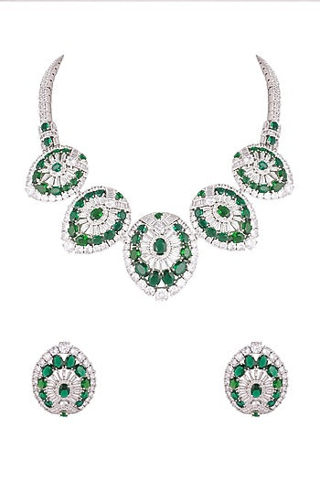 White Finish Stone & Diamond Necklace Set