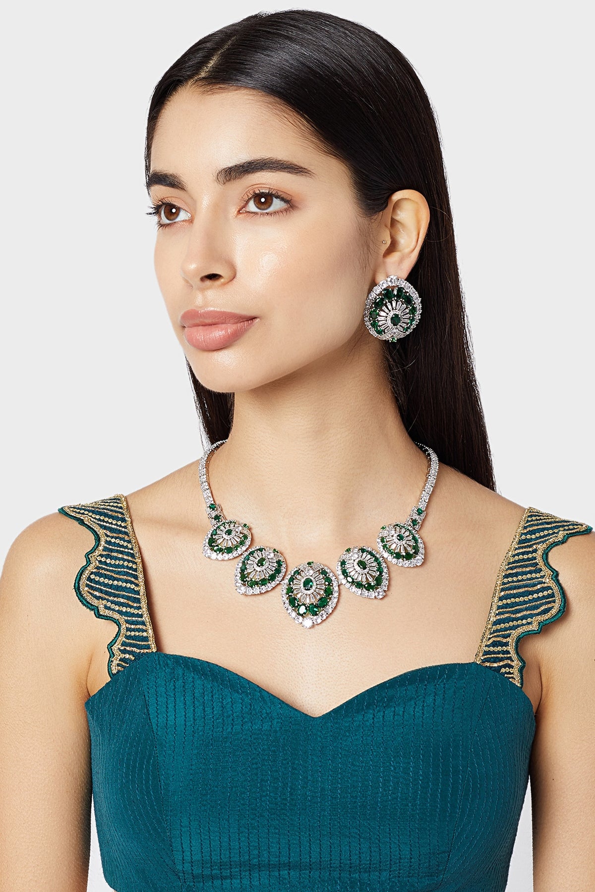 White Finish Stone & Diamond Necklace Set