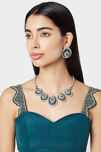 White Finish Stone & Diamond Necklace Set