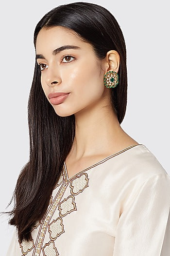 Gold Finish Kundan & Diamond Stud Earrings