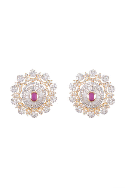 White Finish Pink Stone Stud Earring