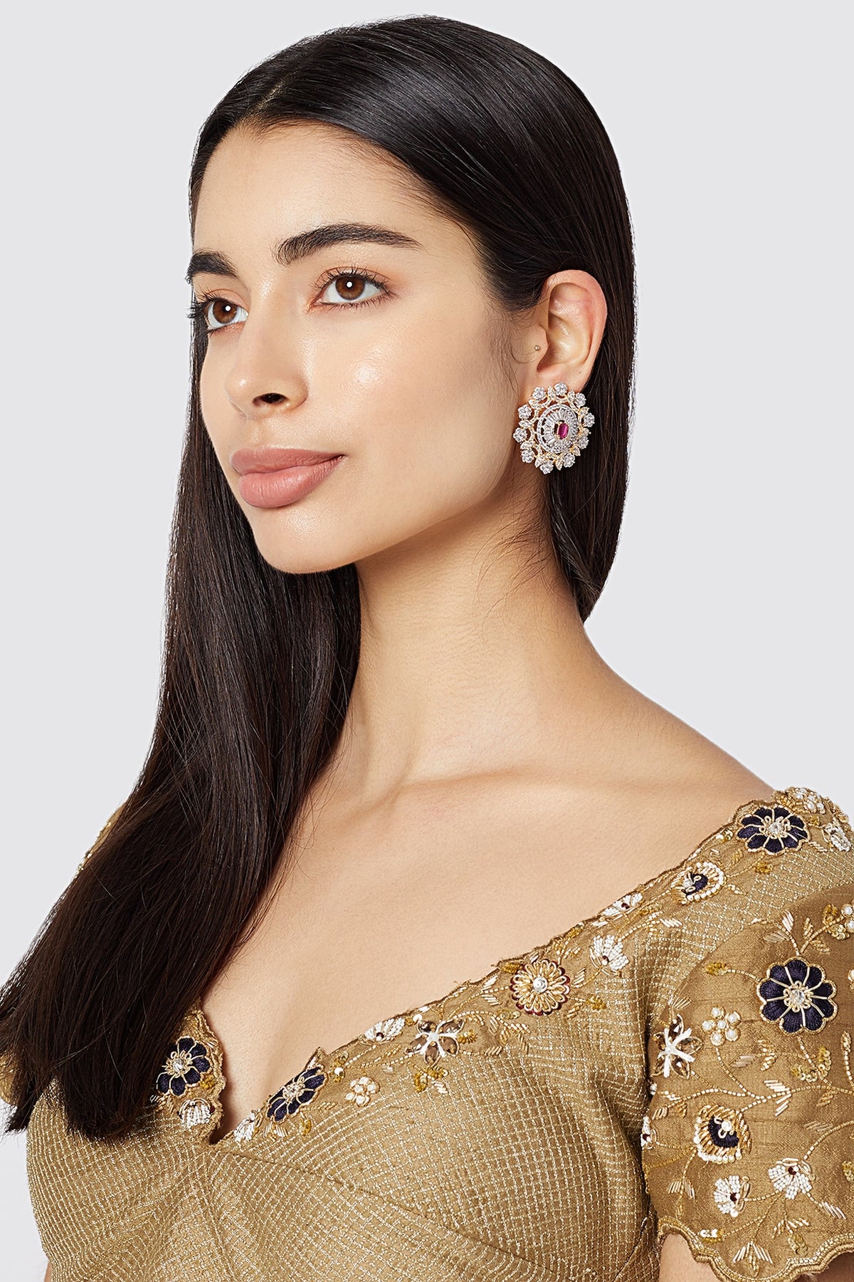 White Finish Pink Stone Stud Earring