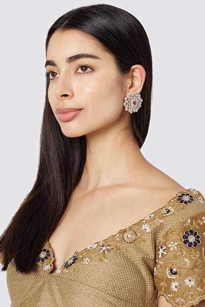White Finish Pink Stone Stud Earring