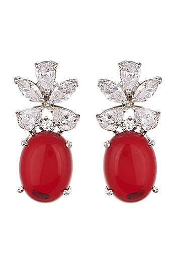 White Finish Red Stone & Zircon Dangler Earrings