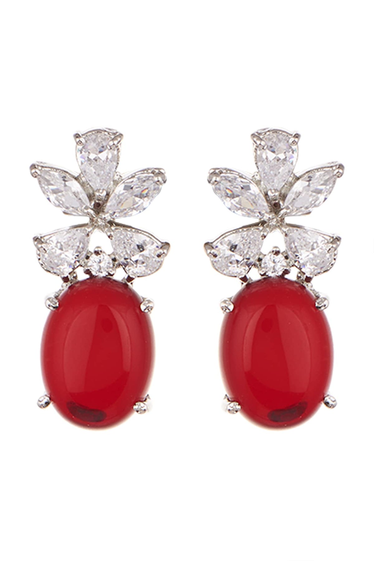 White Finish Red Stone & Zircon Dangler Earrings