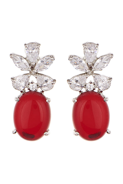 White Finish Red Stone & Zircon Dangler Earrings