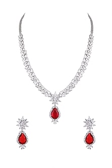 White Finish Red Stone Necklace Set