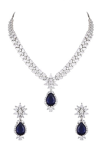 White Finish Blue Stone & Zircon Necklace Set