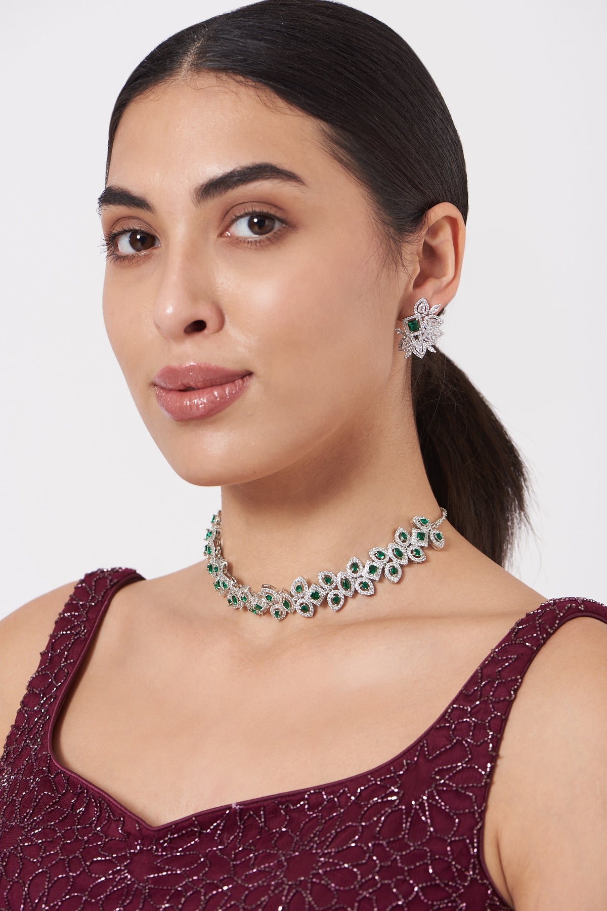 White Finish Faux Diamond Necklace Set