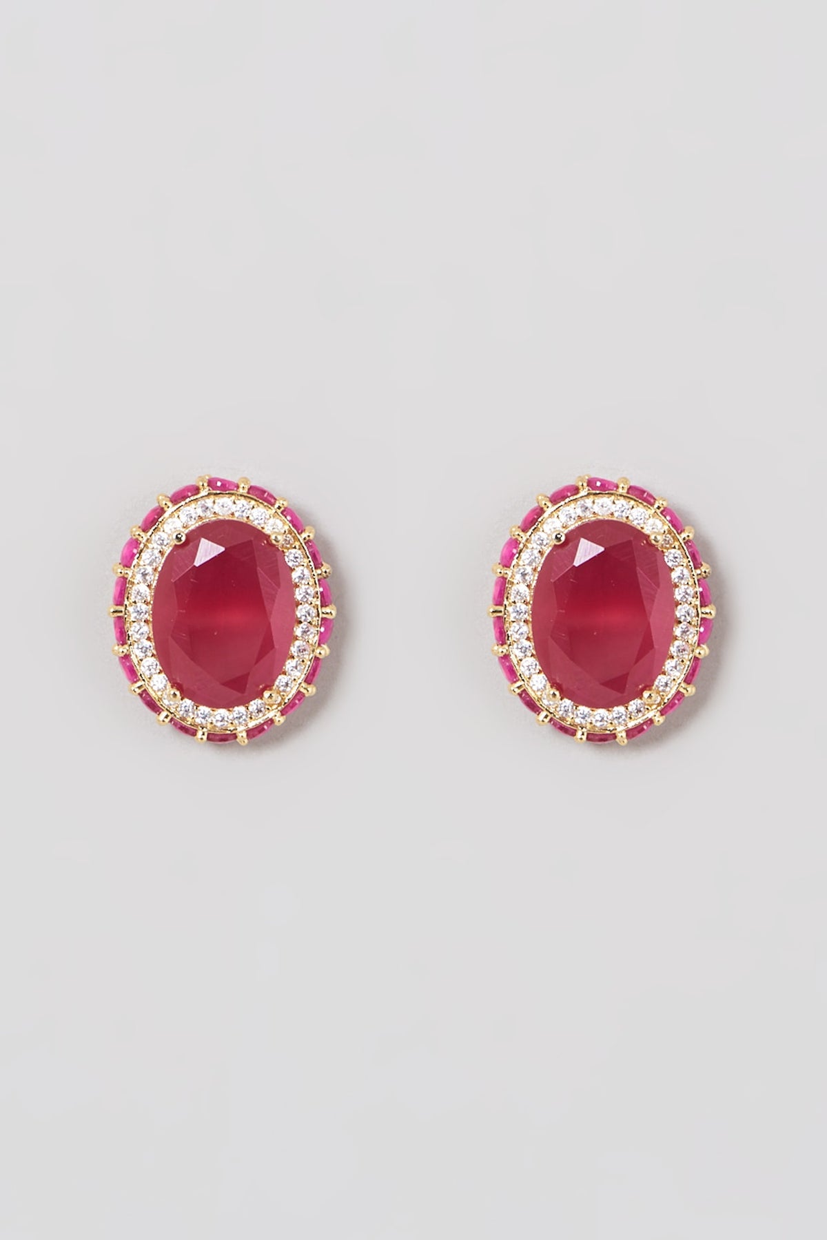 Two Tone Finish Zircon & Red Synthetic Stone Stud Earrings
