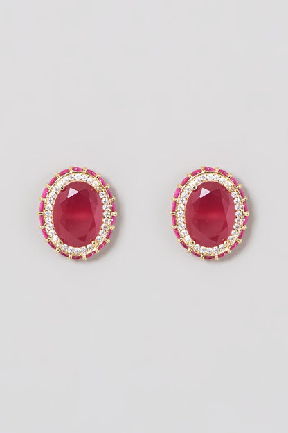 Two Tone Finish Zircon & Red Synthetic Stone Stud Earrings