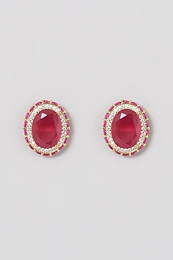 Two Tone Finish Zircon & Red Synthetic Stone Stud Earrings