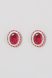 Two Tone Finish Zircon & Red Synthetic Stone Stud Earrings