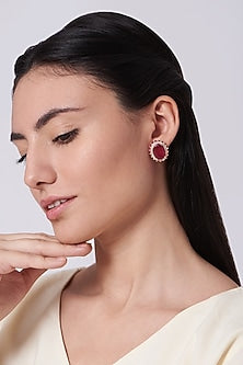 Two Tone Finish Zircon & Red Synthetic Stone Stud Earrings