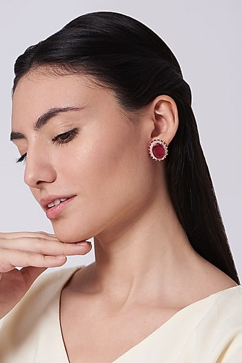 Two Tone Finish Zircon & Red Synthetic Stone Stud Earrings