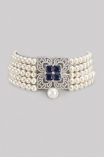 White Finish Zircon & Blue Stone Choker Necklace