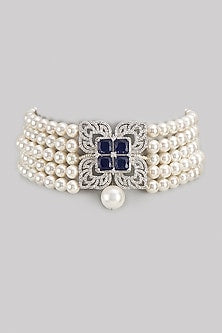 White Finish Zircon & Blue Stone Choker Necklace