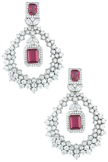 Silver plated faux diamonds and ruby earrings