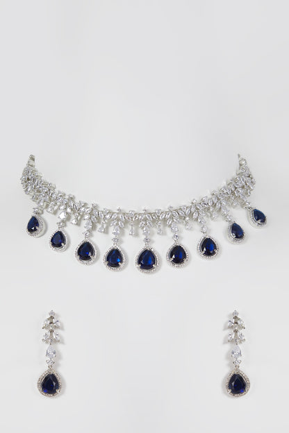 White Finish Blue Stone & Zircon Necklace Set