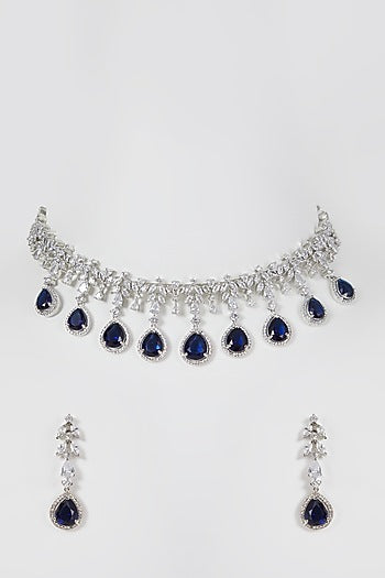 White Finish Blue Stone & Zircon Necklace Set