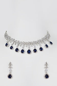 White Finish Blue Stone & Zircon Necklace Set