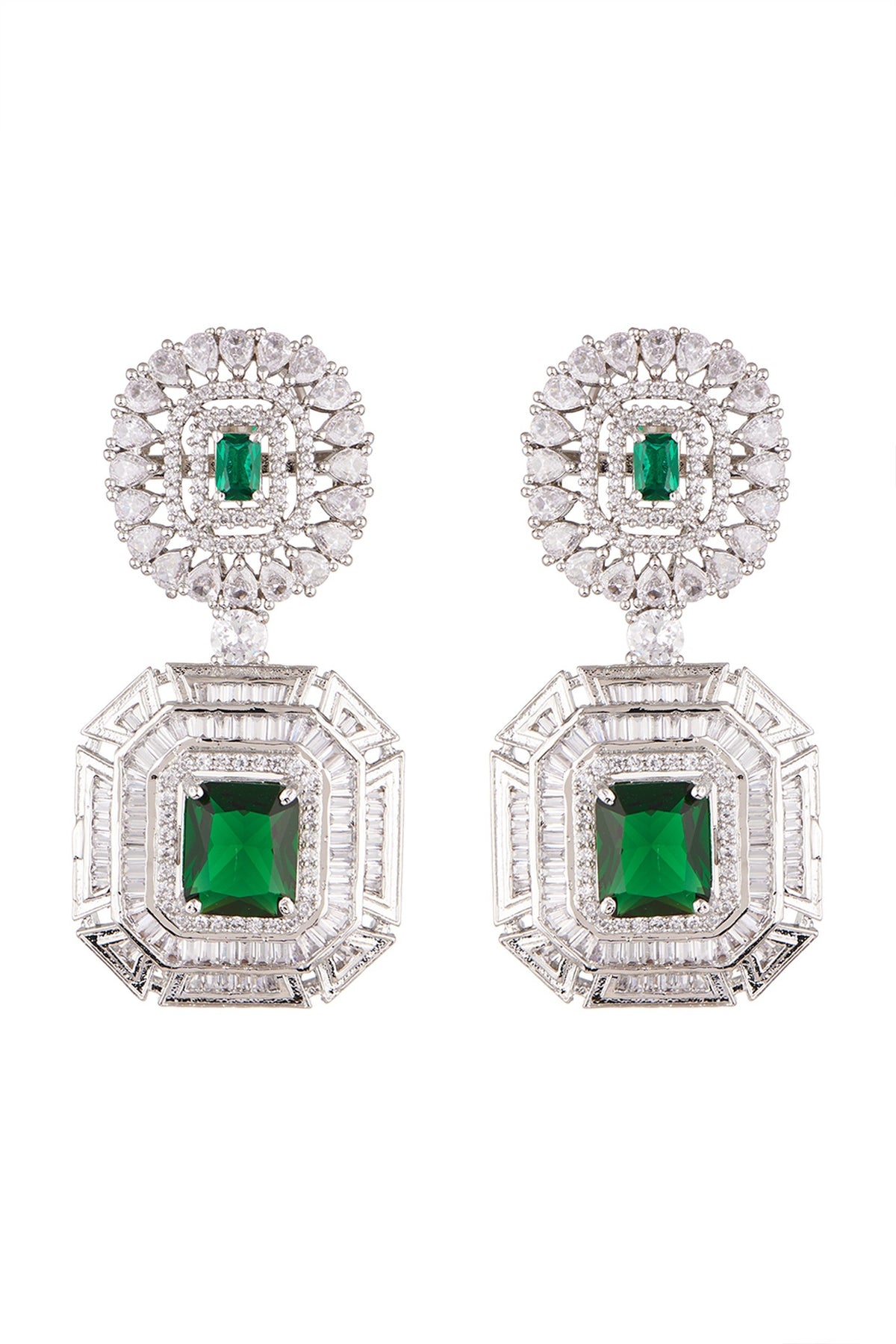 White Finish Green Stone Earrings