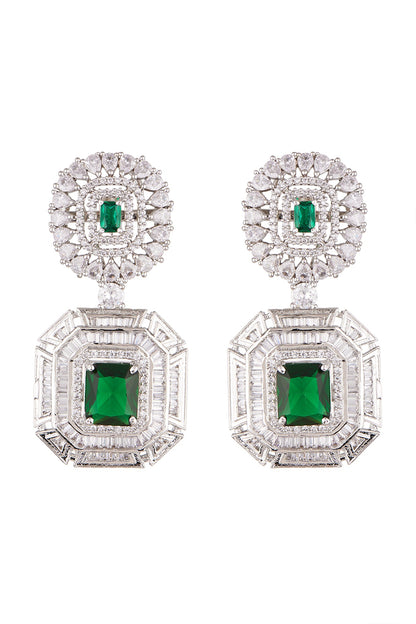 White Finish Green Stone Earrings