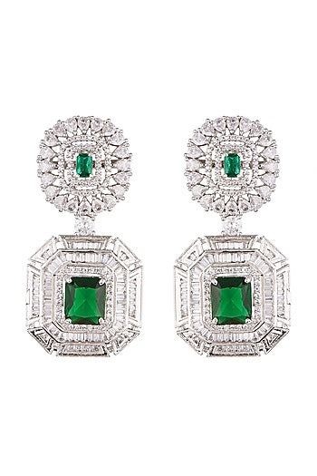 White Finish Green Stone Earrings