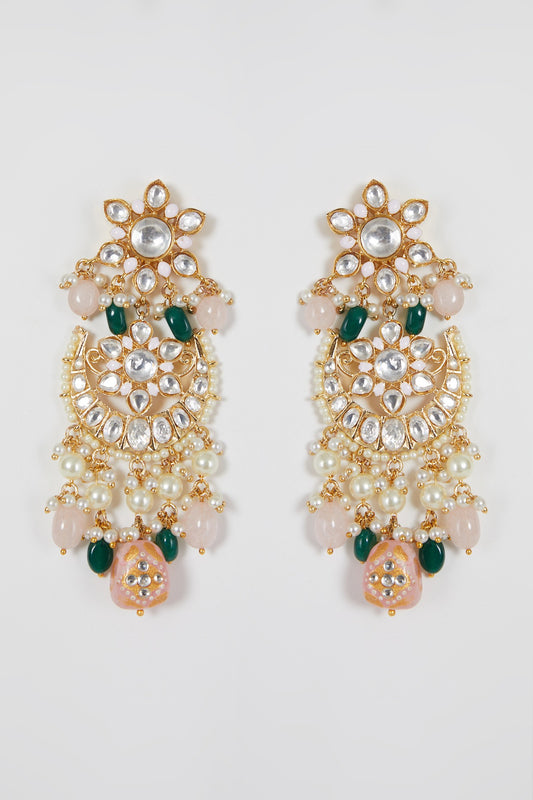Gold Finish Kundan Polki Earrings With Maang Tikka