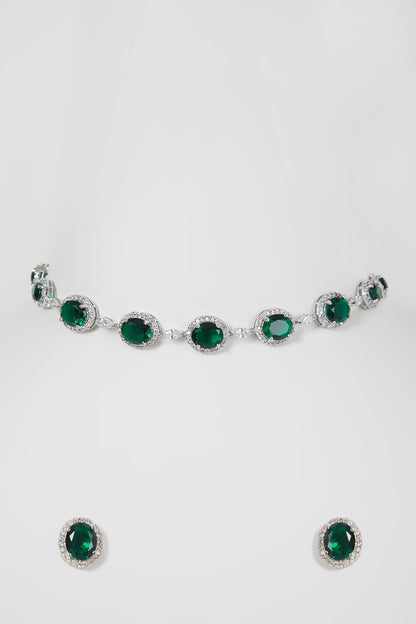 White Finish Diamond & Green Stone Collar Necklace Set