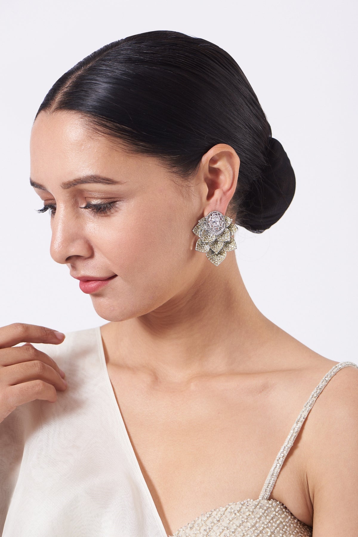 White Finish Zircon & Champagne Stone Dangler Earrings